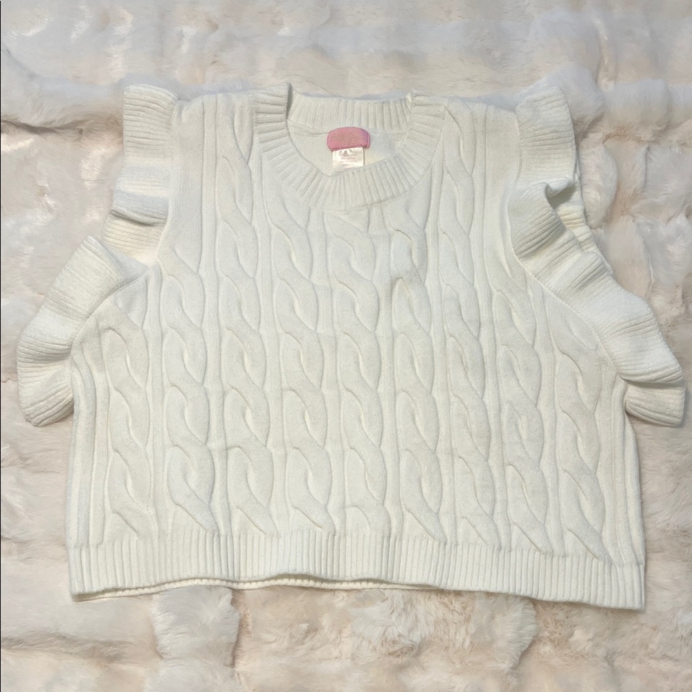 White Cable Knit Sweater with Ruffle Sleeves